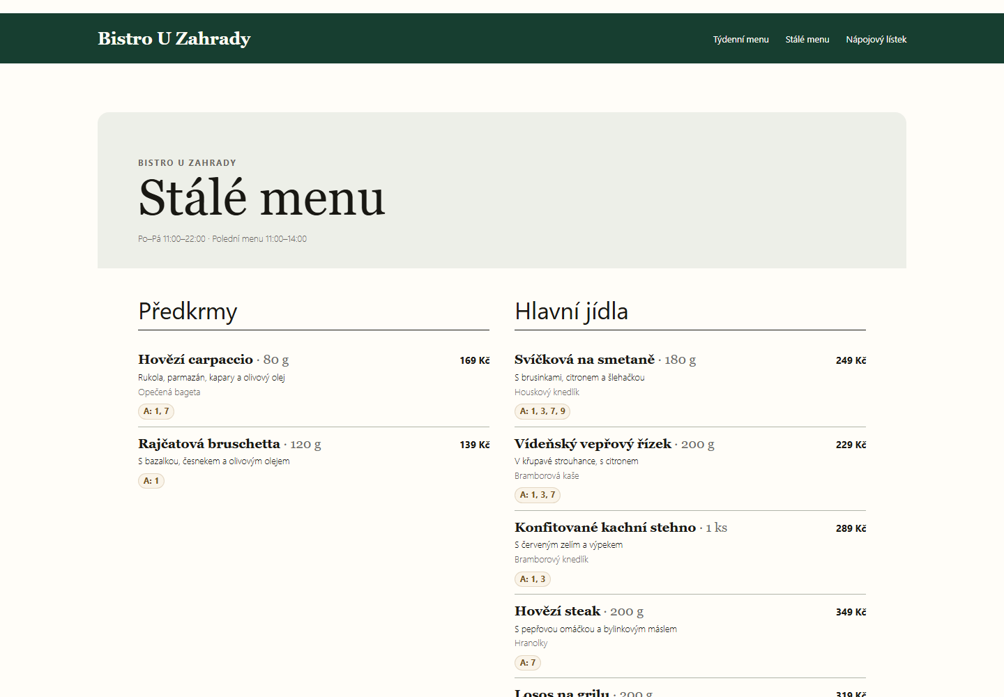 Ukázka veřejné stálé nabídky ve SlothMenu Pro.