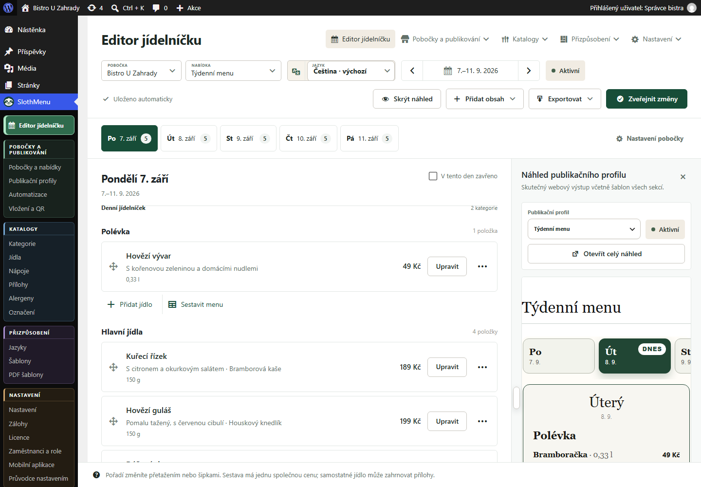 Týdenní menu ve WordPressu
