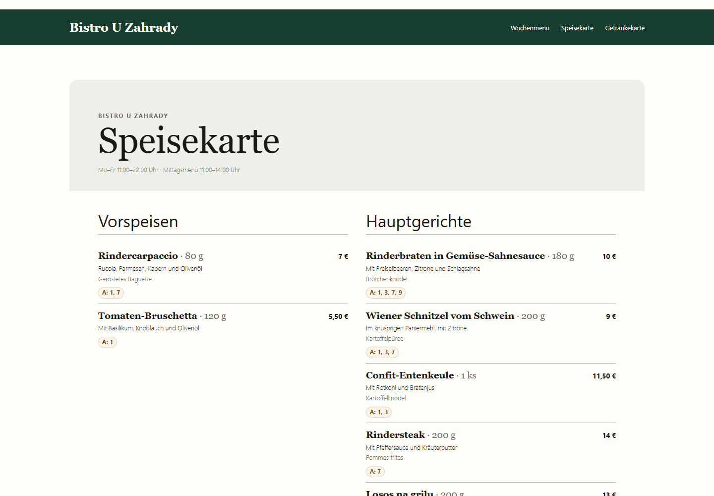 Beispiel einer öffentlichen festen Speisekarte in SlothMenu Pro.