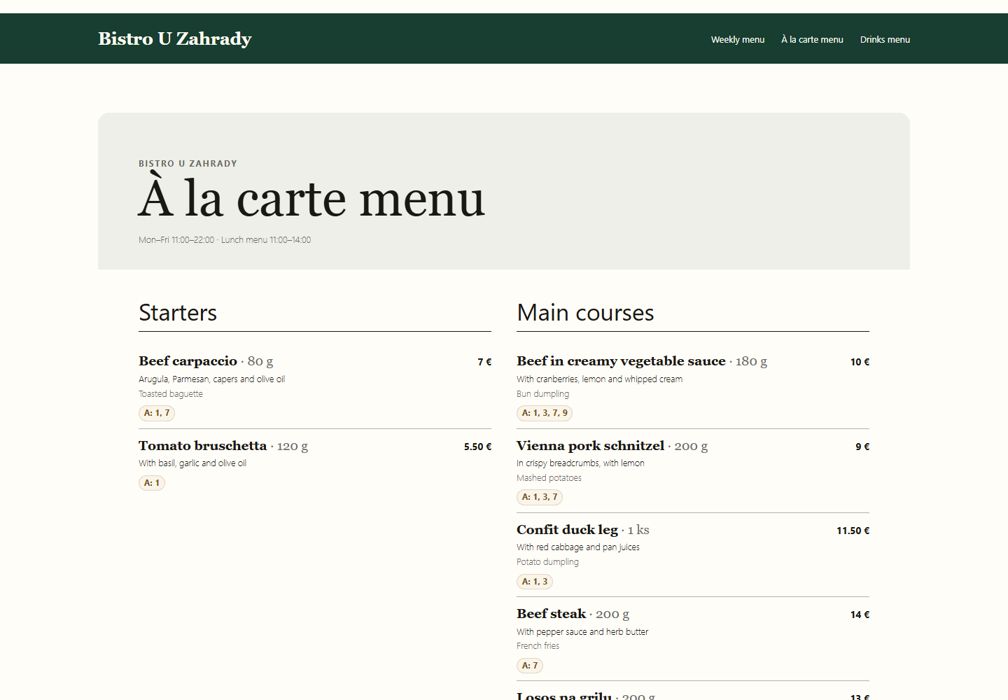 Example of a public regular menu in SlothMenu Pro.