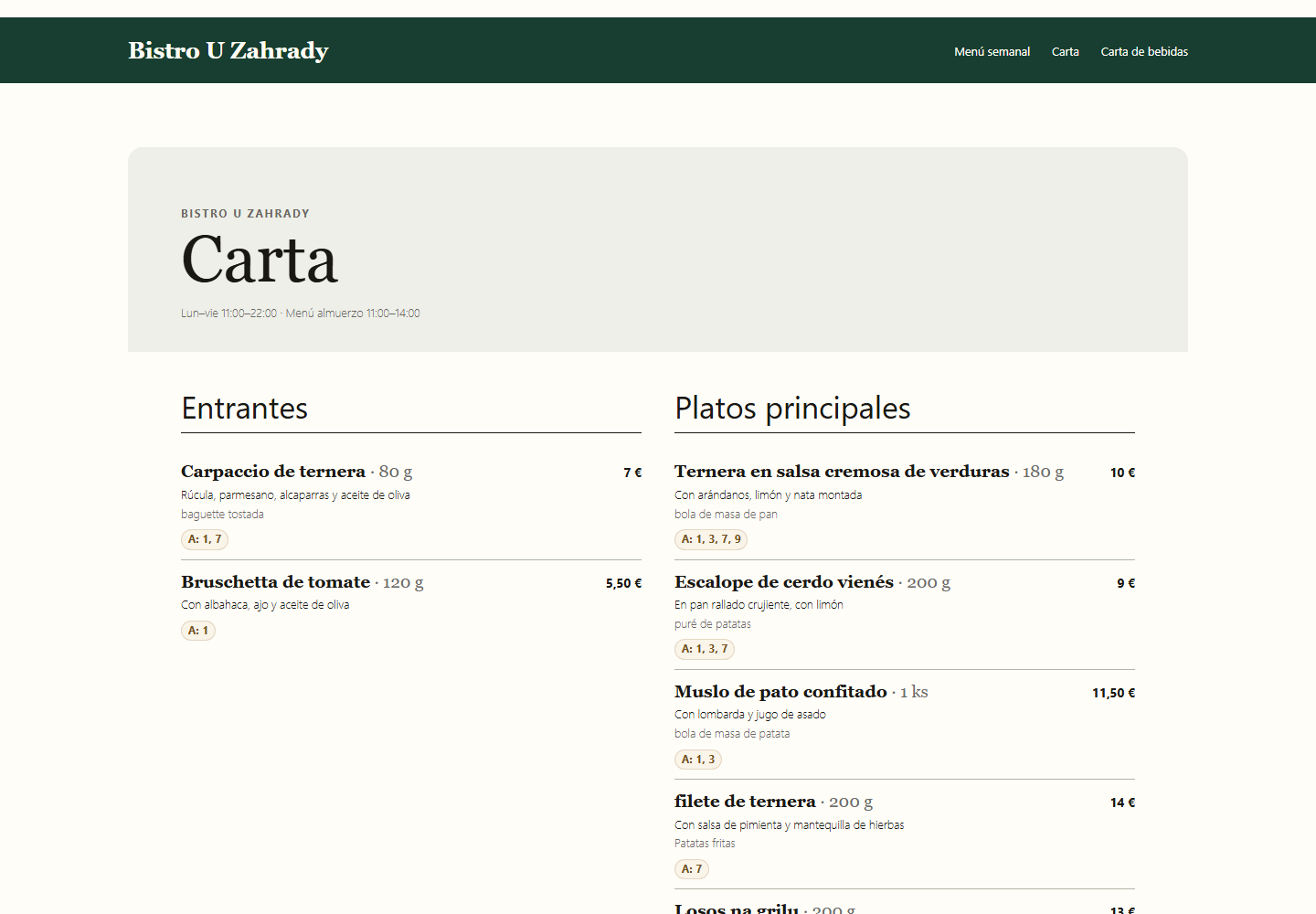 Ejemplo de carta habitual pública en SlothMenu Pro.