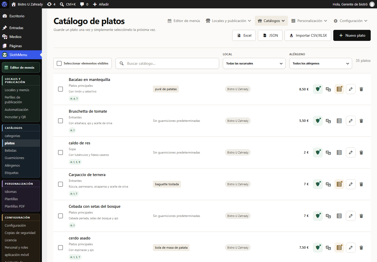 El catálogo de platos Pro: la base para reutilizar platos en los menús.