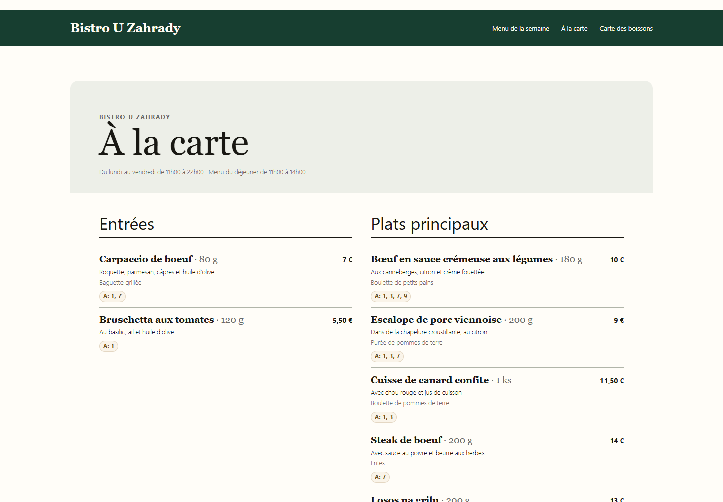 Exemple de carte permanente publique dans SlothMenu Pro.