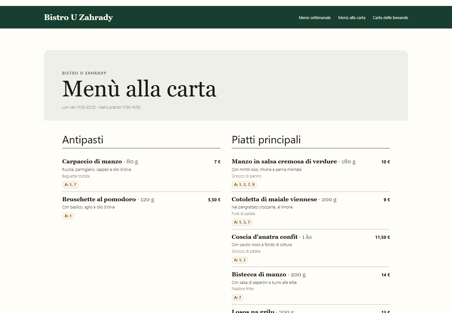 Esempio di carta fissa pubblica in SlothMenu Pro.